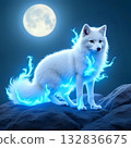 一隻白狐正凝望著月亮，背景是皎潔的滿月和璀璨的夜空。 132836675
