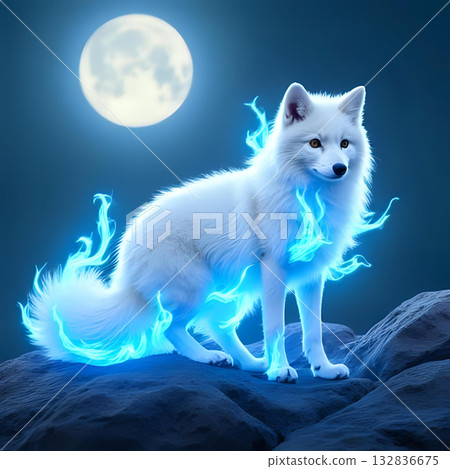 一隻白狐正凝望著月亮,背景是皎潔的滿月和璀璨的夜空。 一隻白狐正凝望著月亮,背景是皎潔的滿月和璀璨的夜空。 132836675