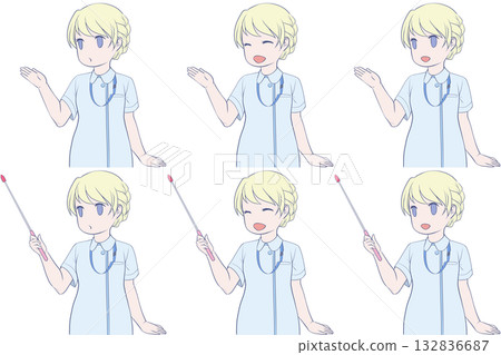 一位女護士正在指導，她身穿護士服，手持指示棒。一套包含6張年輕女性講解的剪貼畫。 132836687