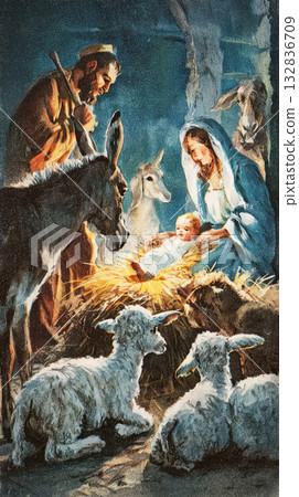 In a warm glow, a mother gently holds her newborn, surrounded by a donkey, cow, and sheep in a rustic stable. This retro scene captures the essence of Christmas 132836709
