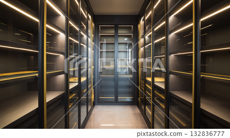 Modern and luxurious walk-in closet: glass doors and indirect lighting 132836777
