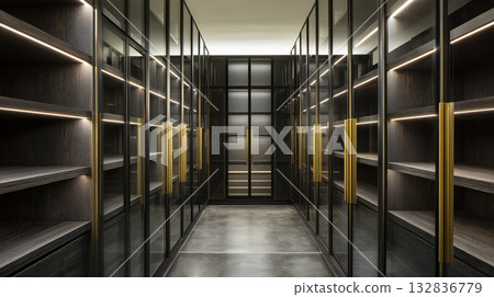 現代豪華步入式衣帽間：玻璃門和間接照明 132836779