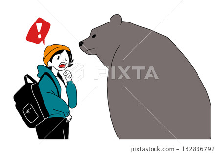 Illustration of a female climber surprised by a bear encounter (bear damage, mountain danger) 132836792