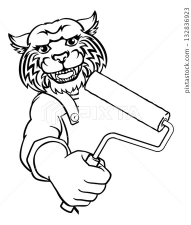 Wildcat Painter Decorator Paint Roller Mascot Man Wildcat Painter Decorator Paint Roller Mascot Man 132836923