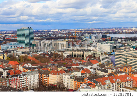 Aerial view of Hamburg city center, Germany. View from bell tower of St. Michael's Church Aerial view of Hamburg city center, Germany. View from bell tower of St. Michael's Church 132837013