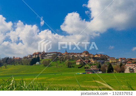 View of old Swiss town Romont, built on a rock prominence, in Freibourg canton, Switzerland 132837052