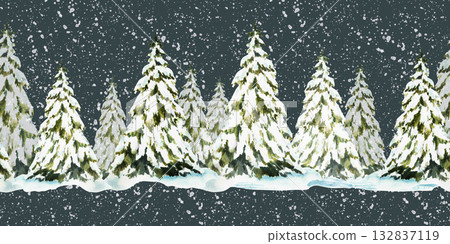 Watercolor Spruce tree snow covered and snowfall seamless border. Snowy winter Christmas fir. Hand drawn illustration isolated pattern on dark background for holiday fabric, Xmas wallpaper, packaging. 132837119