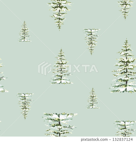 Watercolor Christmas fir seamless pattern. Spruce tree snow covered. Hand drawn Snowy winter illustration on isolated green pastel coloured background for holiday fabric, Xmas wallpaper, Scrapbooking 132837124