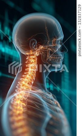 人體形象，重點從頭部到肩部的脊柱，醫學和教育 132837129