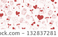 Playful seamless Valentines Day pattern featuring hearts chocolates cupcakes flowers, and love letters in red tones ideal for romantic designs and packaging vector and illustration. 132837281