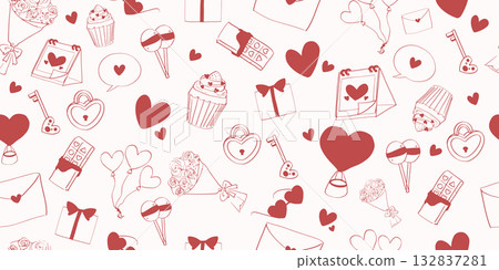Playful seamless Valentines Day pattern featuring hearts chocolates cupcakes flowers, and love letters in red tones ideal for romantic designs and packaging vector and illustration. 132837281