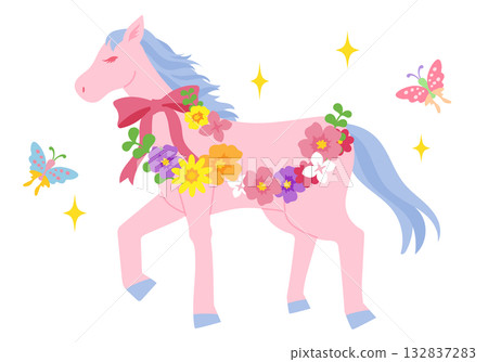 Vector illustration of a horse decorated with flowers and ribbons 132837283