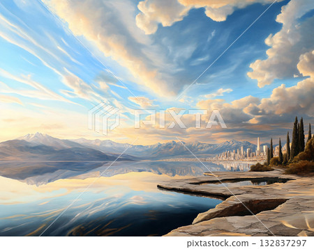 Beautiful bay view. sense of travel, relaxation, and the beauty of nature combined with the big city. watercolor style. AI Generated. 132837297