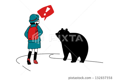 插圖描繪了一名小學生在上學途中遇到熊的情景（上下學路上的危險） 132837358