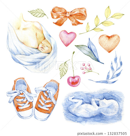 Colored pencil illustration set on motherhood theme baby, hearts, bow, leaves, shoes, and tender details. Perfect for baby shower cards, birth announcements, nursery decor, and family designs. Colored pencil illustration set on motherhood theme baby, hearts, bow, leaves, shoes, and tender details. Perfect for baby shower cards, birth announcements, nursery decor, and family designs. 132837505