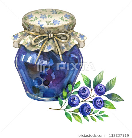 Watercolor illustration of a jar of blueberry jam with a floral fabric lid and fresh berries branch. Perfect for kitchen decor, packaging design, labels, and farmhouse-style prints. 132837519