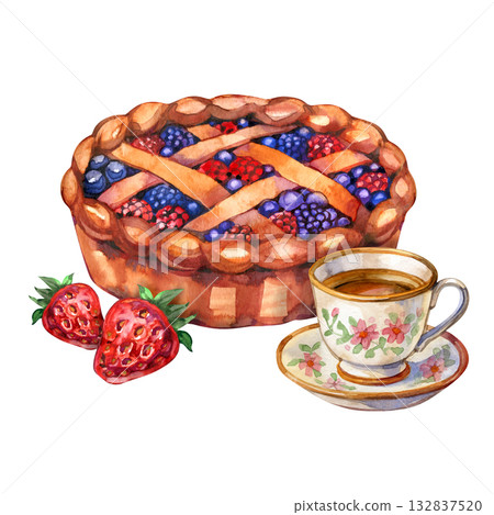 Breakfast food illustration. Cup of tea, pie with mix berries, isolated on white background Breakfast food illustration. Cup of tea, pie with mix berries, isolated on white background 132837520