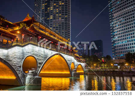 Charming night view of Anshun bridge and modern skyline in Chengdu Charming night view of Anshun bridge and modern skyline in Chengdu 132837558
