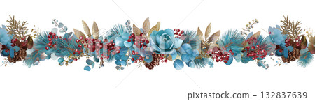 Blue flower garland with sparkly elements, created AI, PNG 132837639