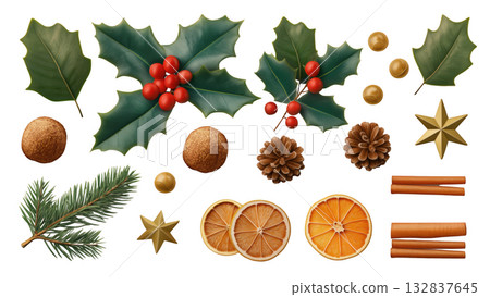 Christmas decor: holly, cinnamon, dried oranges, created AI, PNG 132837645