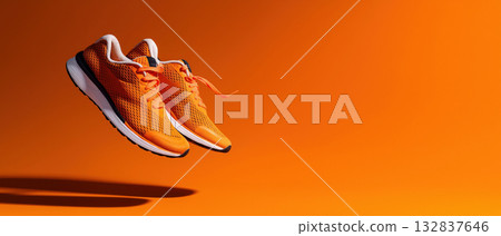Orange sneakers hang over an orange background, created AI 132837646