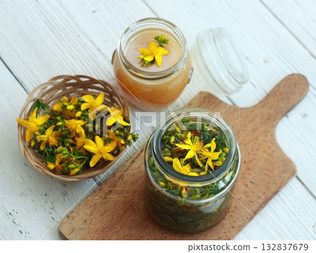 Tincture from Hypericum perforatum commonly known as St John's wort. 132837679