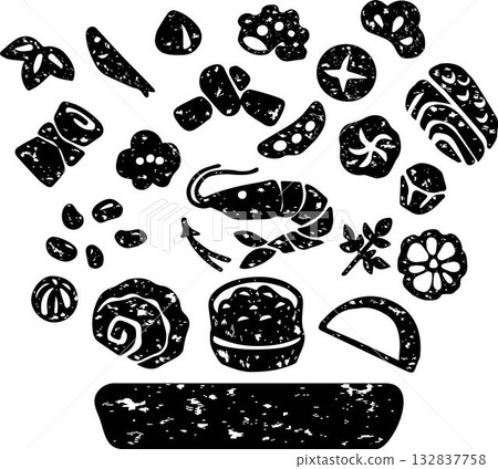 Hand-drawn icon set of Osechi cuisine, New Year, Japanese food, shrimp, black beans, datemaki, illustration, print, stamp, material 132837758