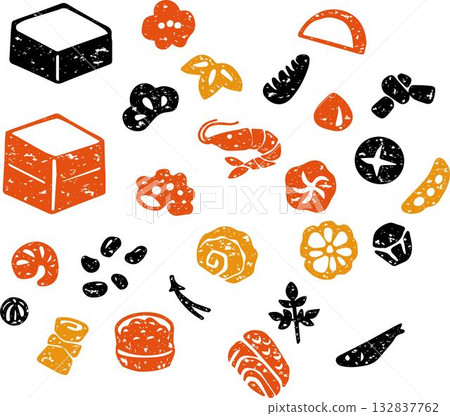 Hand-drawn icon set of Osechi cuisine, New Year, Japanese food, shrimp, black beans, datemaki, illustration, print, stamp, material Hand-drawn icon set of Osechi cuisine, New Year, Japanese food, shrimp, black beans, datemaki, illustration, print, stamp, material 132837762