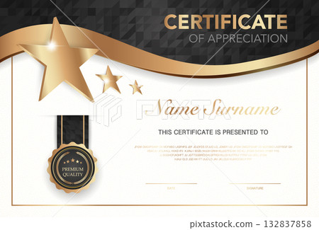 Modern certificate of appreciation template with elegant gold and black design, premium quality badge, customizable name and signature area, perfect for awards, achievement or recognition. 132837858