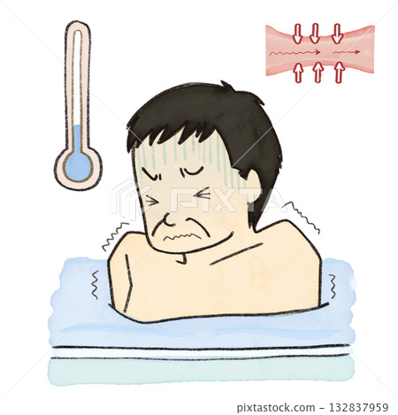 插圖描繪了一位中年男子因冷水浴的寒冷而感到驚訝,他的血管開始收縮。 插圖描繪了一位中年男子因冷水浴的寒冷而感到驚訝,他的血管開始收縮。 132837959