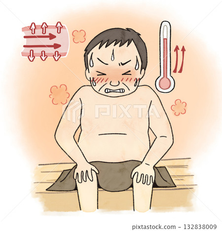 A middle-aged man enduring the heat in a sauna and his blood vessels opening due to the sudden change in temperature A middle-aged man enduring the heat in a sauna and his blood vessels opening due to the sudden change in temperature 132838009