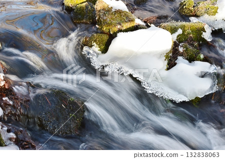 The mountain stream in early spring has a lot of water and momentum. The mountain stream in early spring has a lot of water and momentum. 132838063