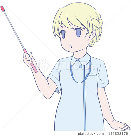 一位可愛的女護士拿著指示棒。年輕女子用指示棒講解的剪貼畫。 一位可愛的女護士拿著指示棒。年輕女子用指示棒講解的剪貼畫。 132838176