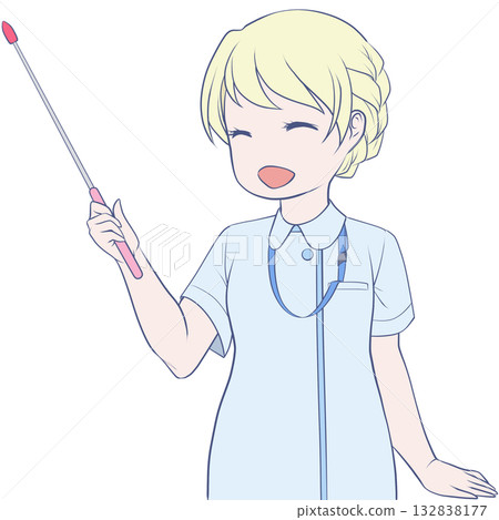 A smiling female nurse holding a pointer. Clip art of a young woman explaining with a pointer A smiling female nurse holding a pointer. Clip art of a young woman explaining with a pointer 132838177