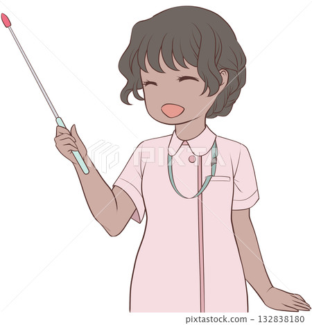 A smiling female nurse holding a pointer. Clip art of a young woman explaining with a pointer A smiling female nurse holding a pointer. Clip art of a young woman explaining with a pointer 132838180
