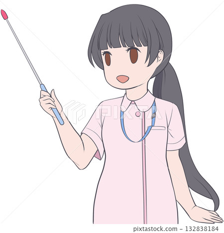 A smiling female nurse holding a pointer. Clip art of a young woman explaining with a pointer 132838184
