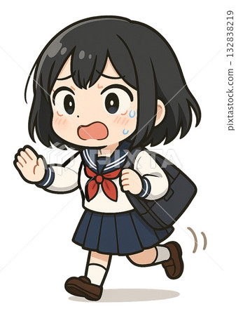 A high school girl in a sailor uniform is running with her bag in a panic because she's late 132838219