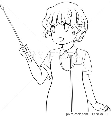 一位面帶微笑的女護士手持指示棒。一幅未上色的線條畫,描繪了一位年輕女子用指示棒進行講解。 一位面帶微笑的女護士手持指示棒。一幅未上色的線條畫,描繪了一位年輕女子用指示棒進行講解。 132838303