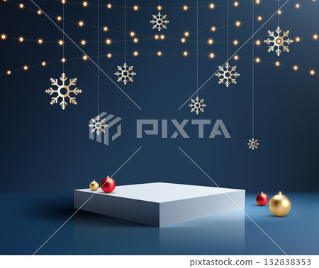 Christmas Holiday Product Display Stage with White Podium, Gold Snowflakes, and String Lights on Dark Blue Background for Winter Sales and New Year Promotion Christmas Holiday Product Display Stage with White Podium, Gold Snowflakes, and String Lights on Dark Blue Background for Winter Sales and New Year Promotion 132838353