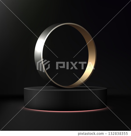 Luxury 3D Podium Display with Gold and Silver Metallic Ring on Black Pedestal for Premium Product Mockup, Exclusive Commercial Showcase Luxury 3D Podium Display with Gold and Silver Metallic Ring on Black Pedestal for Premium Product Mockup, Exclusive Commercial Showcase 132838355