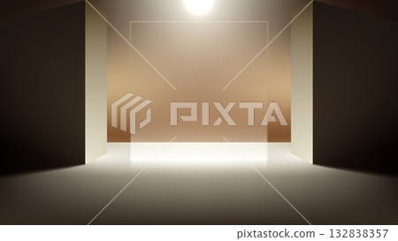 Modern elegant stage design for product presentation or exclusive showroom entrance with geometric architecture and blank central lighted panel 132838357