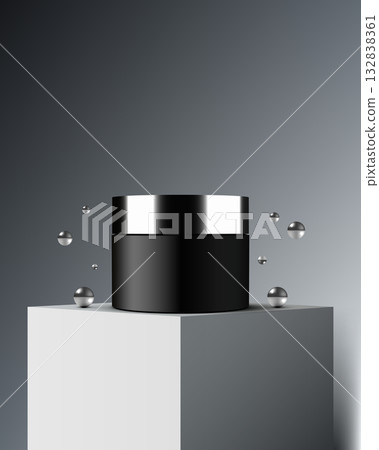 Luxury Black Cosmetic Cream Jar Mockup on White Podium with Floating Silver Spheres Product Display Luxury Black Cosmetic Cream Jar Mockup on White Podium with Floating Silver Spheres Product Display 132838361