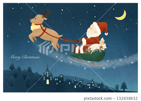 聖誕老公公和他的馴鹿派送禮物的聖誕卡 聖誕老公公和他的馴鹿派送禮物的聖誕卡 132838632