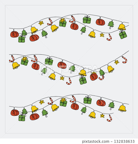 Doodle One Continuous Line Christmas Decoration Hanging Hand drawn colorful collection. Vector Illustration Doodle One Continuous Line Christmas Decoration Hanging Hand drawn colorful collection. Vector Illustration 132838633