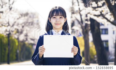A high school girl in uniform holding a long blank piece of paper in front of her chest 132838695
