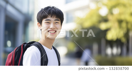 一位身穿白色T恤的年輕亞裔男子回頭微笑 一位身穿白色T恤的年輕亞裔男子回頭微笑 132838700