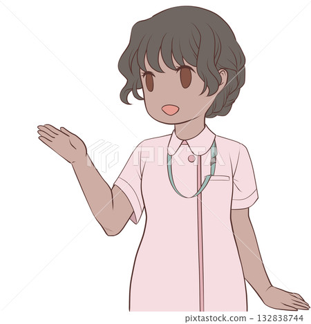 一位面帶微笑的女護士用手指著方向指引。年輕女子講解的剪貼畫。 132838744