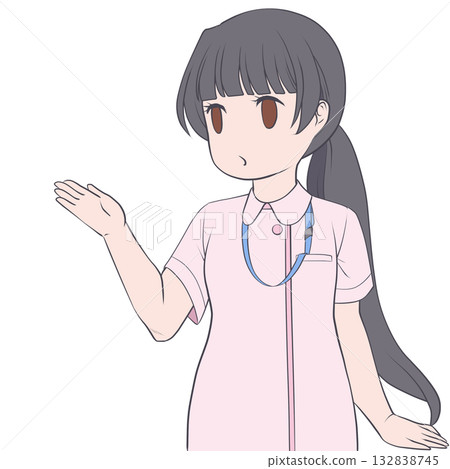 一位可愛的女護士伸出手指導。年輕女子講解的剪貼畫。 一位可愛的女護士伸出手指導。年輕女子講解的剪貼畫。 132838745