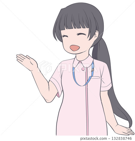 一位面帶微笑的女護士用手指著方向指引。年輕女子講解的剪貼畫。 132838746