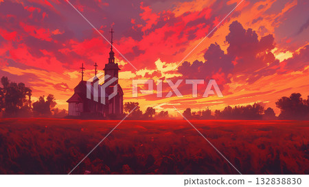 鮮豔的紅色日落和教堂，動漫風格 132838830